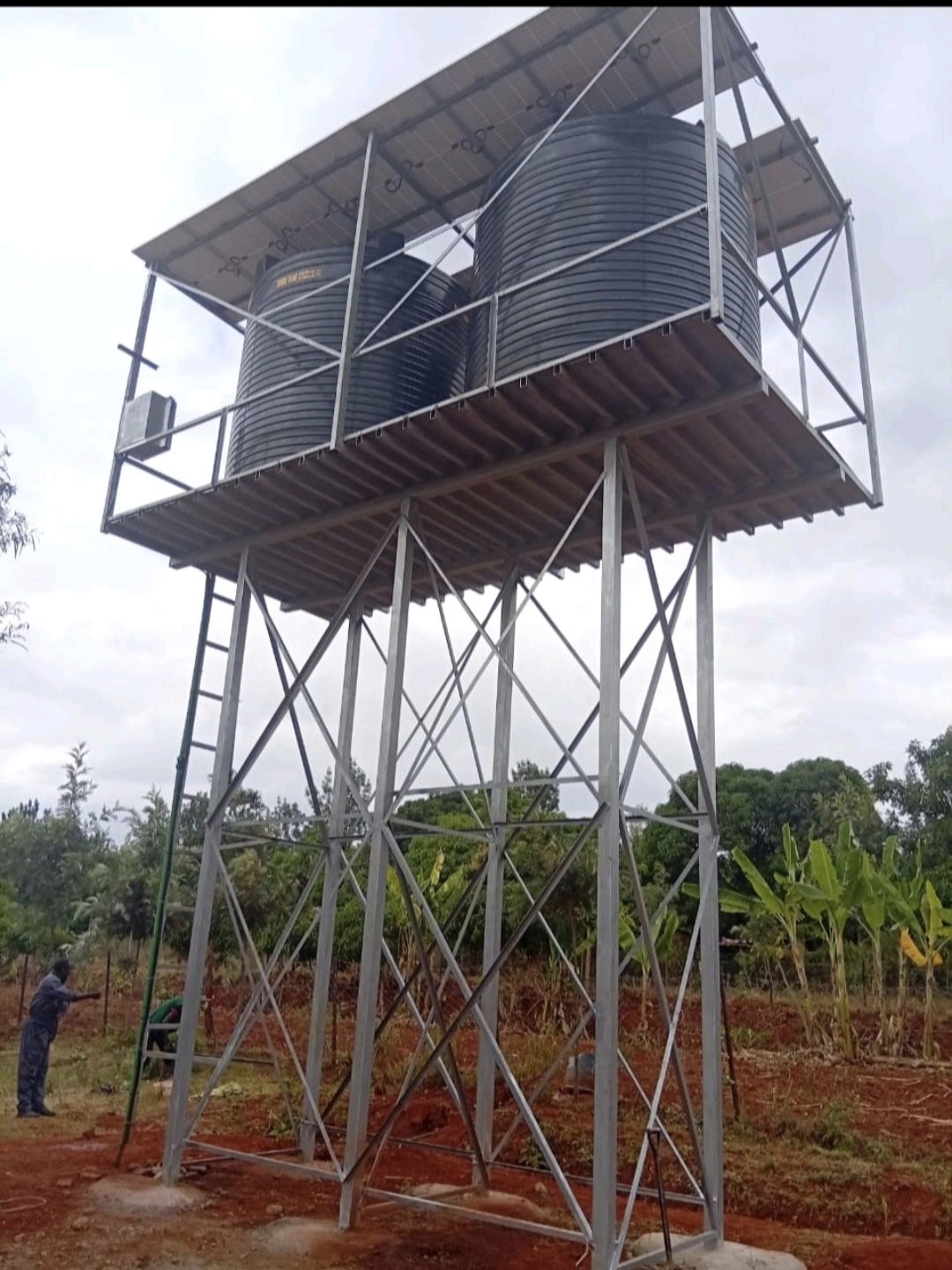 Elevated tank structure with two 10,000 litre tanks at Makutano Mwala, Machakos